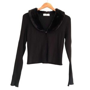 H&M Girls Ribbed Cardigan w/Faux Fur Collar Sz 20 Black Y2K Parisian Style Chic
